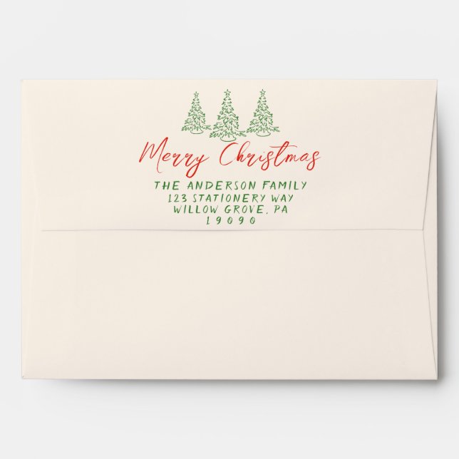 Vintage Red Hand Written Tree Merry Christmas    Envelope (Back (Top Flap))