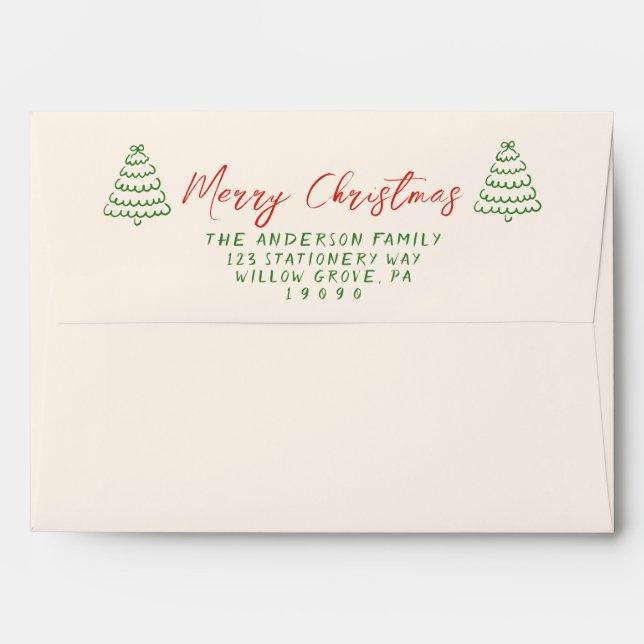 Vintage Red Hand Written Tree Merry Christmas    Envelope (Back (Top Flap))