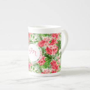 Vintage Red Hibiscus pattern Monogram Bone Mug