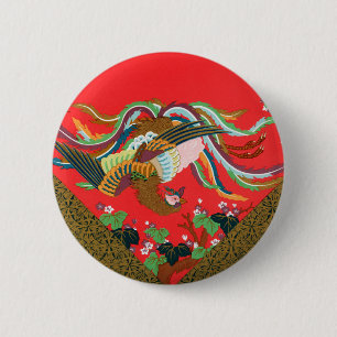 Vintage Red Japanese Phoenix Bird Art G.A. Audsley 2 Inch Round Button