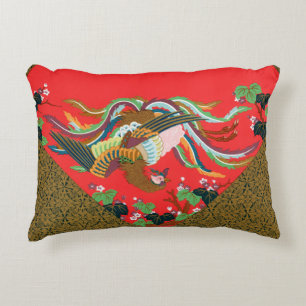 Vintage Red Japanese Phoenix Bird Art G.A. Audsley Accent Pillow
