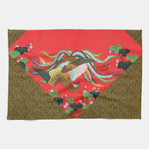 Vintage Red Japanese Phoenix Bird Art G.A. Audsley Kitchen Towel