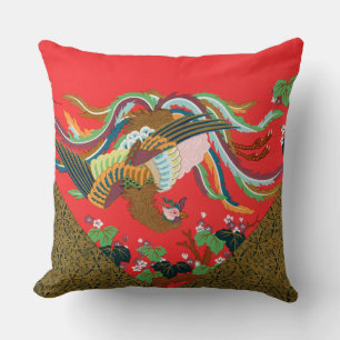 Vintage Red Japanese Phoenix Bird Art G.A. Audsley Throw Pillow