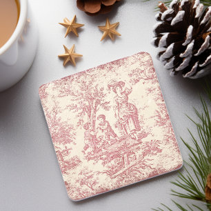 Vintage red kids toile de jouy printed stone coaster