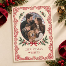 Vintage Red Lace Bow Christmas Photo Card
