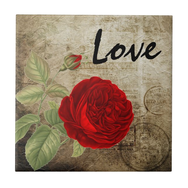 Vintage Red Love Rose Tile (Front)