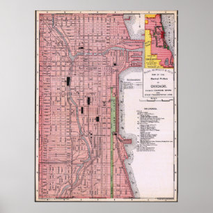 Vintage Red Map of Chicago Poster 1897