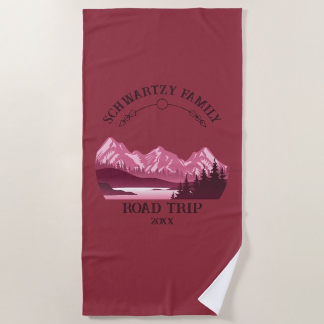 Vintage Red Mountain Lake Sunset Beach Towel (Front)