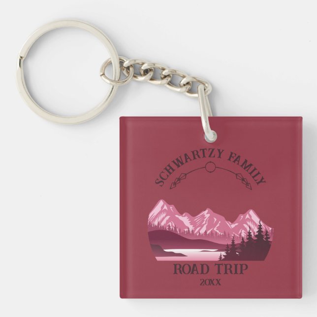 Vintage Red Mountain Lake Sunset Keychain (Front)