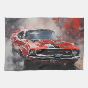 Vintage Red Muscle Car with silver stripe  Kitchen Towel
