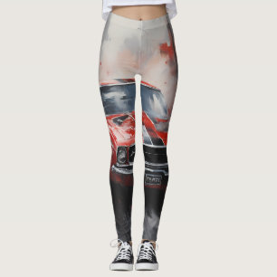 Vintage Red Muscle Car with silver stripe  Leggings