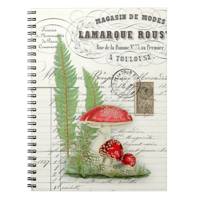 Vintage Red Mushroom Fern Spiral Journal Notebook  (Front)