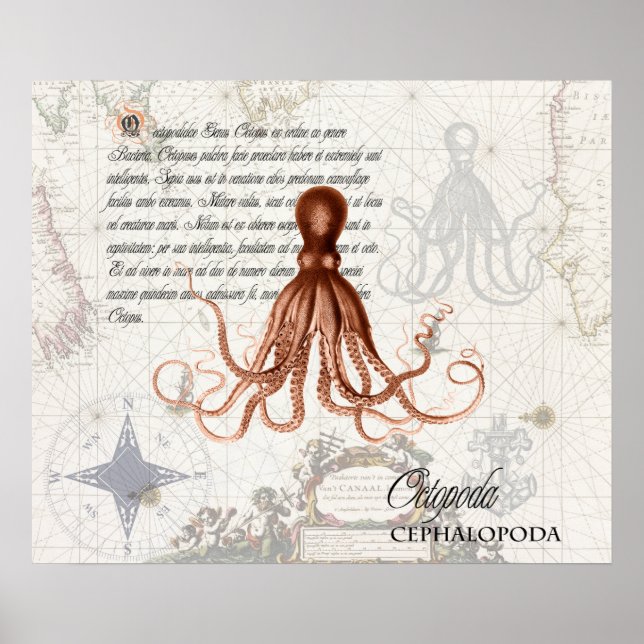 Vintage Red Octopus Illustration Nautical Map Poster (Front)