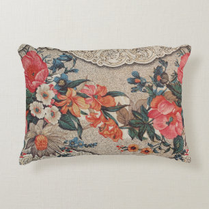 Vintage red orange white flower pattern accent pillow