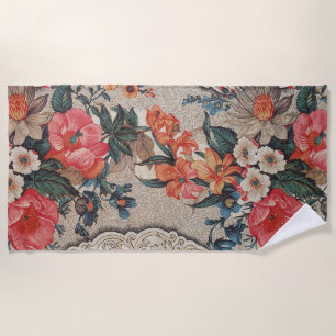 Vintage red orange white flower pattern beach towel