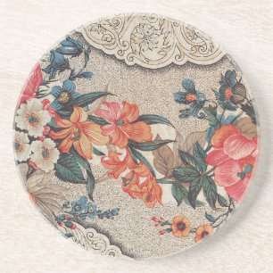 Vintage red orange white flower pattern coaster