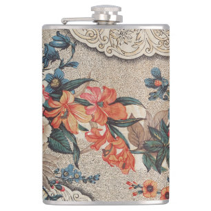 Vintage red orange white flower pattern hip flask