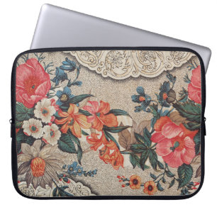 Vintage red orange white flower pattern laptop sleeve