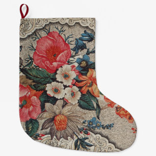 Vintage red orange white flower pattern large christmas stocking