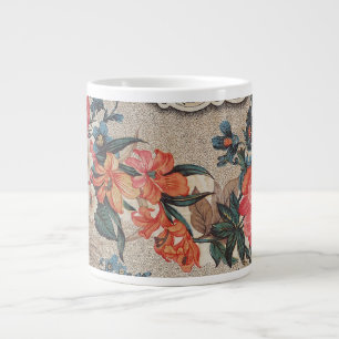 Vintage red orange white flower pattern large coffee mug