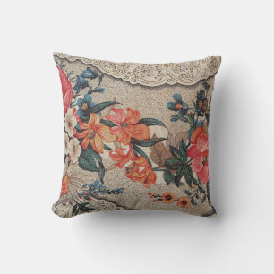 Vintage red orange white flower pattern throw pillow