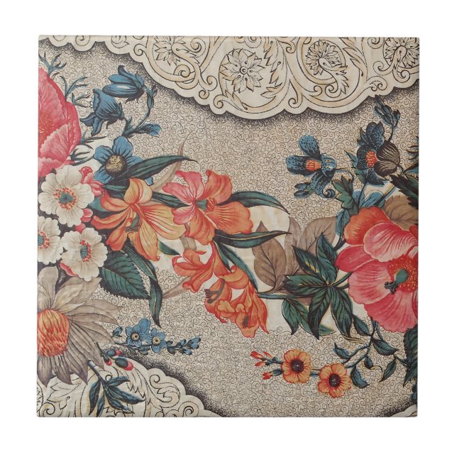 Vintage red orange white flower pattern tile (Front)