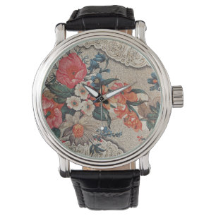 Vintage red orange white flower pattern watch