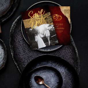 Vintage Red Parchment Budget ,Gold Calligraphy  Save The Date