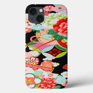 Vintage Red Pink Black Japanese Kimono Floral  iPhone 13 Case