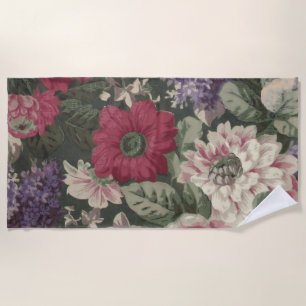Vintage red pink blue white flowers painting beach towel