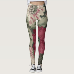 Vintage red pink blue white flowers painting leggings
