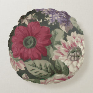 Vintage red pink blue white flowers painting round pillow