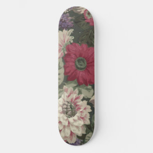Vintage red pink blue white flowers painting skateboard