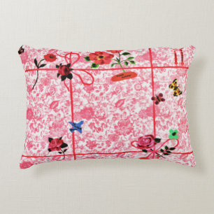 Vintage Red Pink Flowers Butterfly Watercolor Accent Pillow