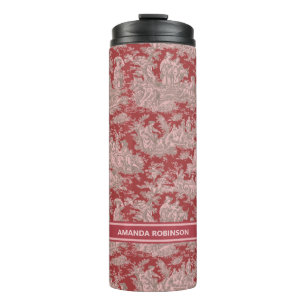 Vintage red pink toile de jouy printed thermal tumbler