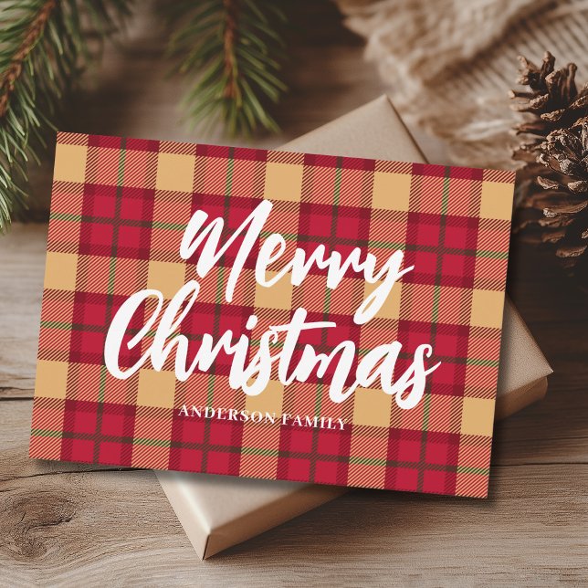 Vintage Red Plaid Personalized Merry Christmas Holiday Card (Creator Uploaded)