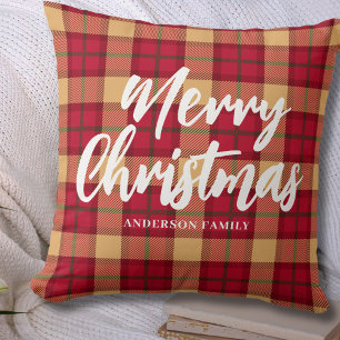 Vintage Red Plaid Personalized Merry Christmas Throw Pillow