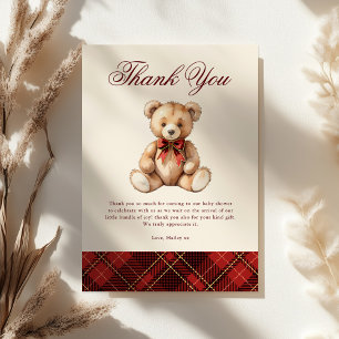 Vintage Red Plaid Teddy Bear Baby Shower Thank You Card