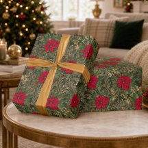 Vintage Red Poinsettia Christmas Wrapping Paper