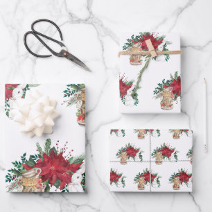 Vintage Red Poinsettia Teacups Rabbit Christmas Wrapping Paper Sheet