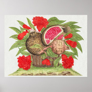 Vintage Red Pomegranate Flowers and Fruits Art Poster