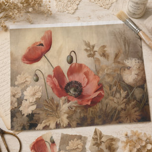 Vintage Red Poppy Botanical Ephemera Decoupage  Tissue Paper