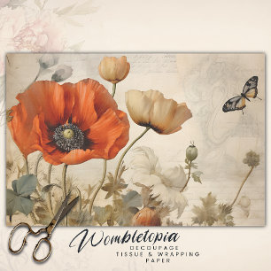 Vintage Red Poppy & Butterfly Botanical Decoupage Tissue Paper