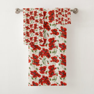 Vintage Red Poppy Design Art Nouveau Bath Towel Set