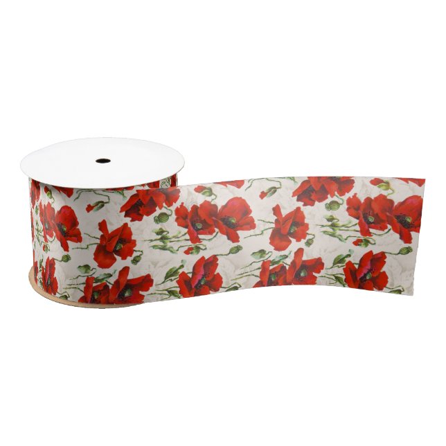 Vintage Red Poppy Design Art Nouveau Satin Ribbon (Spool)