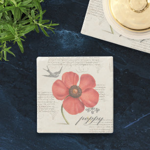 Vintage Red Poppy Drawing + Victorian Typography Stone Coaster