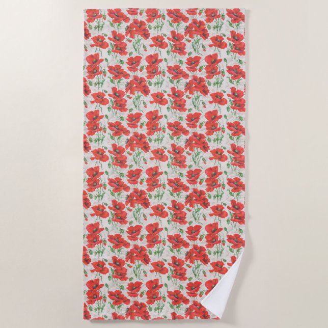 Vintage Red Poppy Floral Pattern Beach Towel (Front)