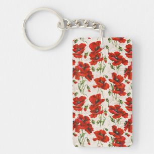 Vintage Red Poppy Floral Pattern Botanical Art Keychain
