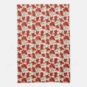 Vintage Red Poppy Floral Pattern Botanical Art Kitchen Towel