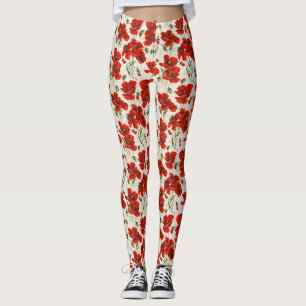 Vintage Red Poppy Floral Pattern Botanical Art Leggings